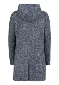 Manteau à capuche en tissu texturé bleu foncé et gris, avec une coupe droite et des fentes latérales pour faciliter les mouvements.