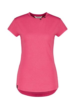 Women's bright pink short-sleeve T-shirt with round neck and two button details on the shoulder, slightly longer back hem.
