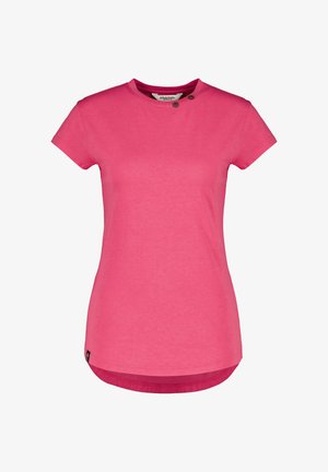 Women's bright pink short-sleeve T-shirt with round neck and two button details on the shoulder, slightly longer back hem.