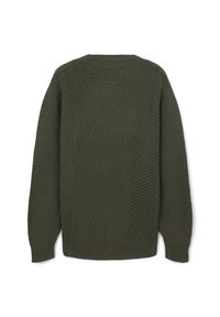 Dunkelgrüner Strickpullover mit strukturiertem Muster, langen Ärmeln, gerippten Bündchen und Saum, von hinten auf einem weißen Hintergrund gezeigt.
