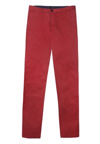 Pantalones de algodón rojos con un diseño ajustado, que cuentan con un cierre de botón y bolsillos laterales. Textura suave, piernas rectas y un detalle de costura mínimo.