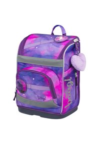 Zaino con motivo ad acquerello viola e rosa, dotato di una tasca frontale con cerniera, dettagli grigi, un charm a pom-pom e una grafica circolare di un cavallo.