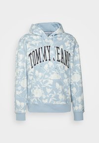 Felpa con cappuccio di colore azzurro chiaro con motivo floreale, scritta "TOMMY JEANS" in borgogna sul davanti, polsini e orlo a coste. Materiale misto cotone.
