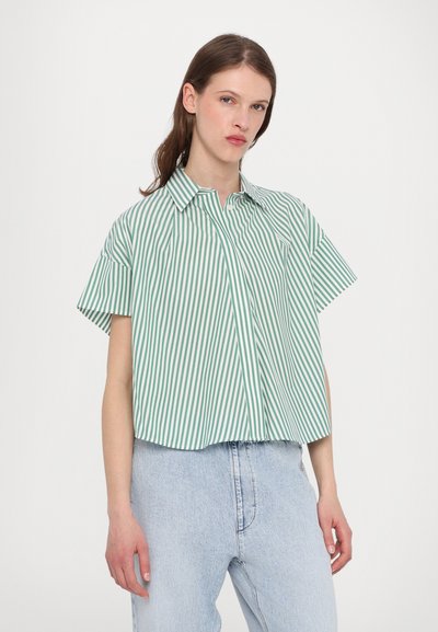 Green and white striped short-sleeve shirt with a collared neckline, featuring a relaxed fit and soft fabric texture.