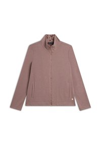 Giacca zip-up di un leggero mauve con colletto alto, due tasche frontali e accenti dorati. Texture liscia, con un interno caratterizzato da una sottile stampa animalier.