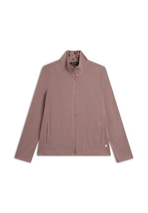 Giacca zip-up di un leggero mauve con colletto alto, due tasche frontali e accenti dorati. Texture liscia, con un interno caratterizzato da una sottile stampa animalier.