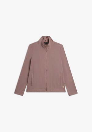 Giacca zip-up di un leggero mauve con colletto alto, due tasche frontali e accenti dorati. Texture liscia, con un interno caratterizzato da una sottile stampa animalier.