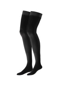 Schwarze, hüfthohe Strümpfe mit einem strukturierten schwarzen Band oben, aus einem transparenten Material gefertigt und mit einer glatten, gleichmäßigen Oberfläche.