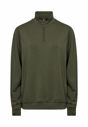 Pullover verde oliva con collo alto, maniche lunghe e chiusura frontale con zip. Tessuto liscio, orlo e polsini a coste. Design minimalista.