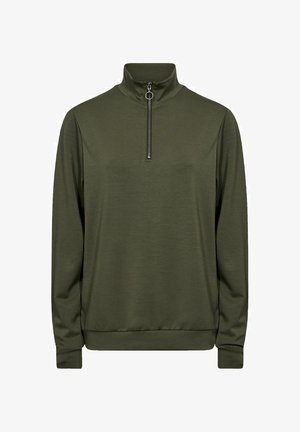 Olivgrön tröja med hög hals, långa ärmar och dragkedja framtill. Slät textur, ribbad nederkant och muddar. Minimalistisk design.