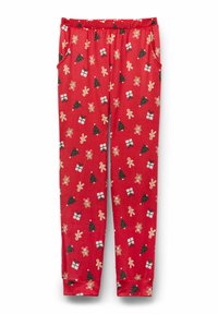 Czerwone spodnie od piżamy z elastycznym pasem, zdobione świątecznym wzorem choinek, prezentów, pierników i płatków śniegu.