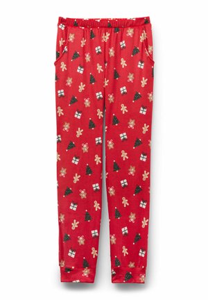 Rote Pyjamahose mit elastischem Bund, versehen mit einem festlichen Muster aus Weihnachtsbäumen, Geschenken, Lebkuchenmännern und Schneeflocken.