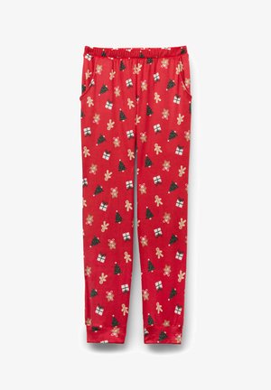 Rote Pyjamahose mit elastischem Bund, versehen mit einem festlichen Muster aus Weihnachtsbäumen, Geschenken, Lebkuchenmännern und Schneeflocken.