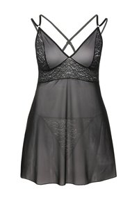 Set di lingerie nero composto da un slip in rete trasparente con sovrapposizione in pizzo e fasce incrociate. Include un perizoma in pizzo trasparente coordinato.
