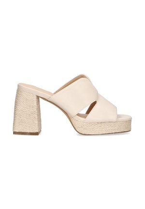 Mules de plataforma beige con un diseño de tiras cruzadas, tacón bloque envuelto en yute texturizado y parte superior de tela suave.