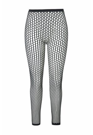 Zwarte visnetleggingen met een groot cirkelpatroon, voorzien van een elastische tailleband en een rekbare, semi-doorzichtige textuur.