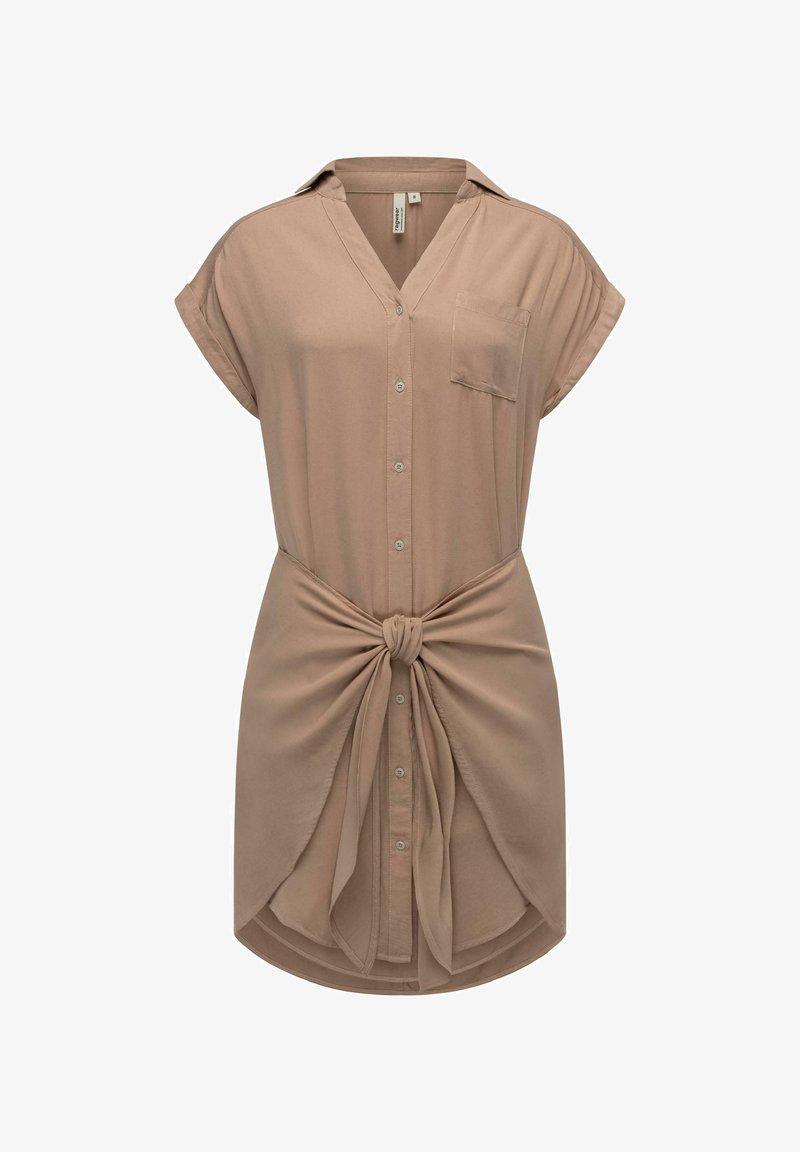 Abito beige lungo fino al ginocchio con scollatura a V, maniche corte, tasca sul petto e dettaglio in vita annodato. Realizzato in un tessuto liscio.