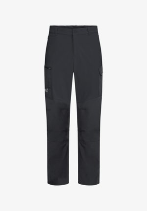 Schwarze Cargohose aus strapazierfähigem Stoff, mit einem seitlichen Reißverschlusstasche, verstärkten Knien und einem geraden Schnitt.