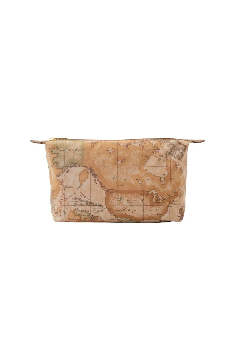 Pochette con zip dal design vintage della mappa, caratterizzata da tonalità terrose di beige e marrone, texture liscia e forma rettangolare con una base piatta.