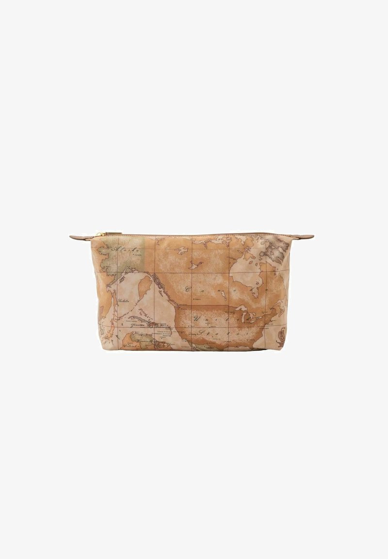 Pochette con zip dal design vintage della mappa, caratterizzata da tonalità terrose di beige e marrone, texture liscia e forma rettangolare con una base piatta.