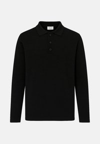 Zwarte longsleeve polo shirt gemaakt van stof; heeft een klassieke kraag, drie knoopsluitingen en een effen textuur.