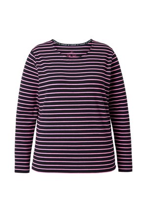 Koszula z długim rękawem w kolorze czarnym z wyraźnymi różowymi paskami, z okrągłym dekoltem i miękką fakturą; wzór podkreśla poziome pasy.