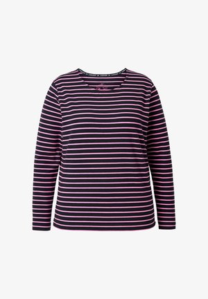 Camicia a maniche lunghe nera con audaci strisce rosa, caratterizzata da una scollatura rotonda e una texture morbida; il design enfatizza motivi orizzontali.