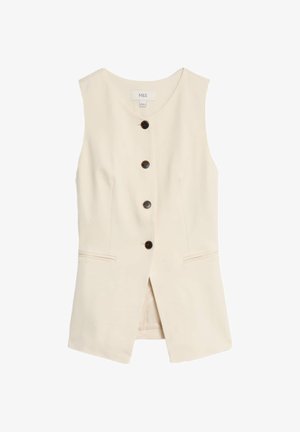 Beżowa bezrękawnik z okrągłym dekoltem, pięcioma zaokrąglonymi ciemnymi guzikami, dwiema przednimi kieszeniami i usztywnionym materiałem.