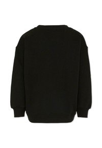 Czarna bluza z długim rękawem, ze ściągaczami przy mankietach, na dole i przy okrągłym dekolcie, pokazana od tyłu na białym tle.