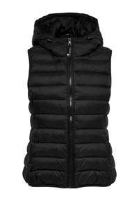 Chaleco acolchado negro con capucha, que presenta un cierre frontal, diseño de acolchado vertical y dobladillo elástico. Tela suave y resistente al agua.