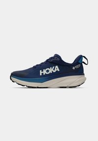 Blauwe HOKA hardloopschoenen hebben een lichtgewicht mesh bovenwerk, een gevoerde zool en een getextureerde rubberen buitenzool voor grip, met een zichtbaar GORE-TEX-logo.