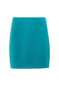 Jupe ajustée turquoise en tissu doux, présentant une texture lisse, un ourlet droit et un design simple sans ornements ni motifs.