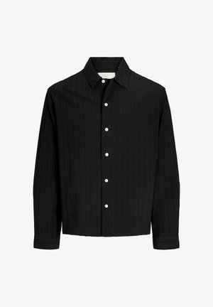Camicia nera a maniche lunghe con texture a righe, colletto unico e bottoni bianchi lungo il davanti. Maniche lunghe con dettagli ai polsini.