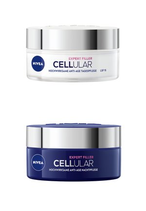 Two Nivea CELLular Expert Filler anti-age creams, white day cream and dark blue night cream, both with silver lids.