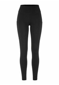 Zwarte leggings met hoge taille, gemaakt van rekbaar materiaal. Voorzien van zijzakken en een glad, aangesloten ontwerp.
