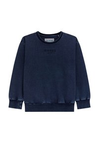 Felpa blu navy con scollo rotondo, polsini e orlo a coste, caratterizzata da un logo "GUESS" in rilievo sulla parte anteriore, realizzata in tessuto morbido.