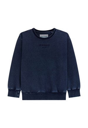 Sweatshirt bleu marine avec col rond, poignets et ourlet côtelés, présentant un logo "GUESS" en relief à l'avant, fabriqué en tissu doux.