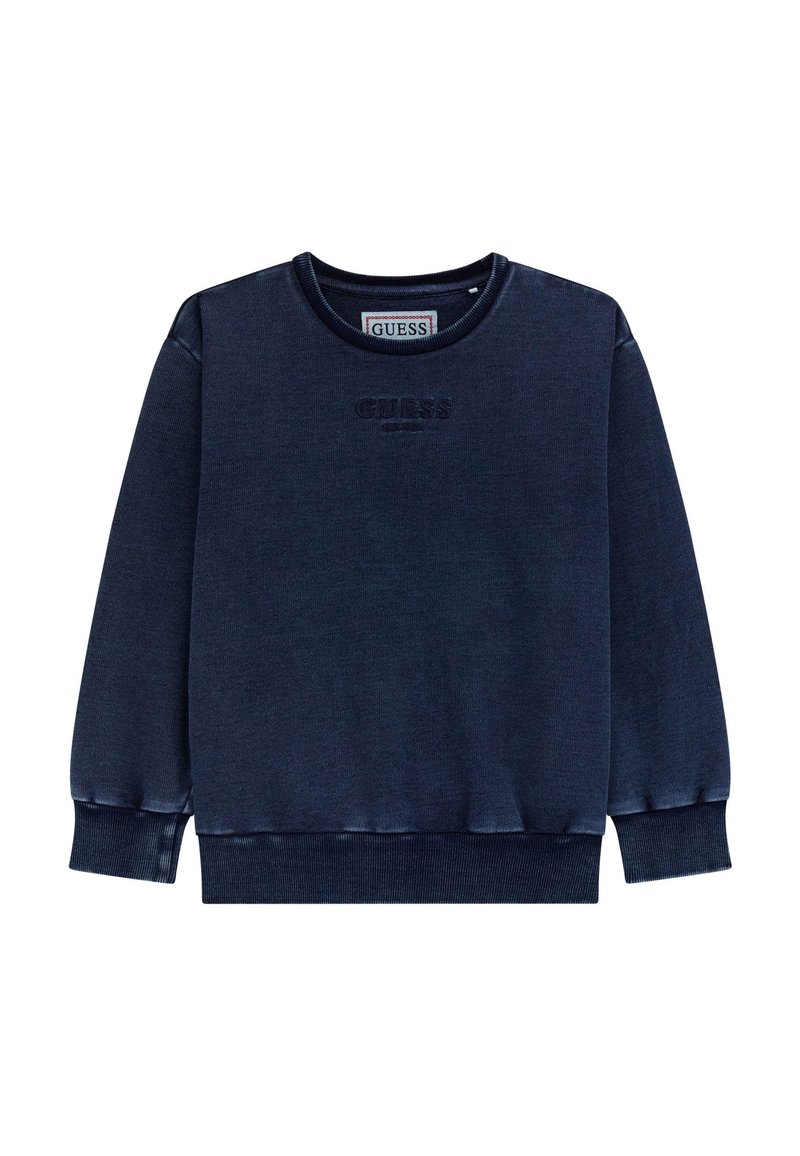 Felpa blu navy con scollo rotondo, polsini e orlo a coste, caratterizzata da un logo "GUESS" in rilievo sulla parte anteriore, realizzata in tessuto morbido.