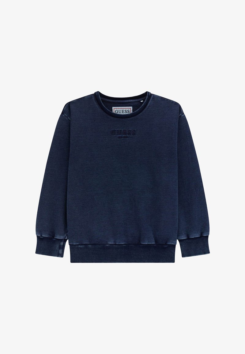 Felpa blu navy con scollo rotondo, polsini e orlo a coste, caratterizzata da un logo "GUESS" in rilievo sulla parte anteriore, realizzata in tessuto morbido.