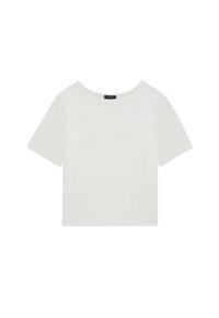 Top bianco a maniche corte, realizzato in tessuto liscio, con scollatura rotonda e design corto. Stile semplice e minimalista senza ulteriori dettagli.