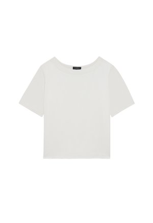 White short-sleeve top, made of smooth fabric, with a round neckline and a cropped design. Simple and minimalistic style with no additional details.