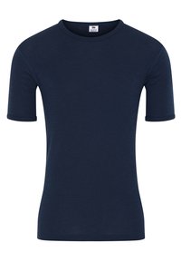 Marineblå kortærmet T-shirt i et blødt, strækbart stof med klassisk rund halsudskæring og uden synlige mønstre eller detaljer.