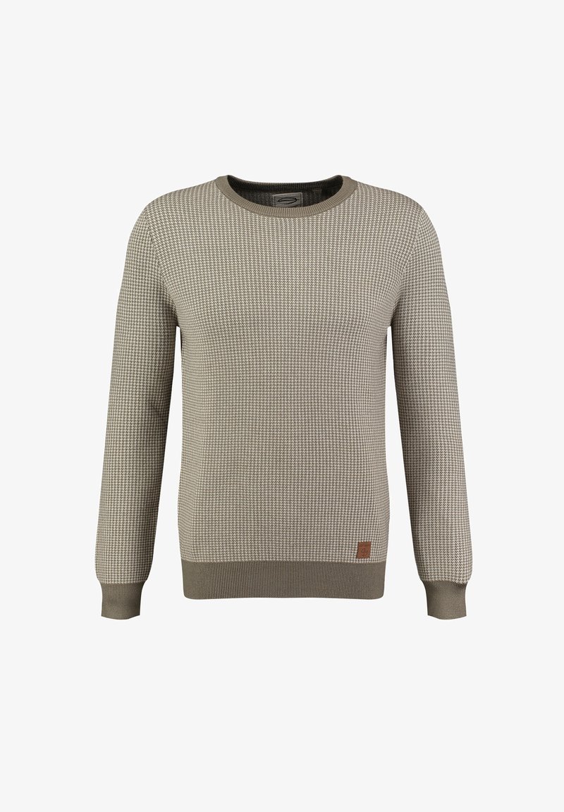 Khaki crewneck trui met een gestructureerd, geblokt patroon en geribbelde manchetten. Inclusief een klein leren label met merknaam aan de onderzoom.