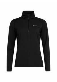 Schwarzer Langarmpullover mit halbem Reißverschluss, der gestickte Details und ein dezentes Logo auf der Brust aufweist. Hergestellt aus leichtem Stoff.