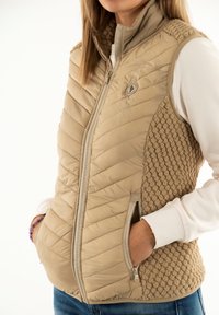 Chaleco aislante beige con parte frontal acolchada y respaldo texturizado similar a la lana. Cuenta con dos bolsillos laterales y un cuello alto. Cierre con cremallera.