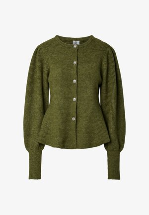 Zielony dzianinowy kardigan z okrągłym dekoltem, długimi bufkowatymi rękawami, dopasowaną talią i ozdobnymi srebrnymi guzikami z przodu.