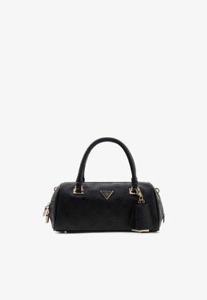 Czarna torebka wykonana z teksturowanego materiału, wyposażona w złote elementy, okrągłe uchwyty górne oraz odpinany brelok. Wytłaczane logo.