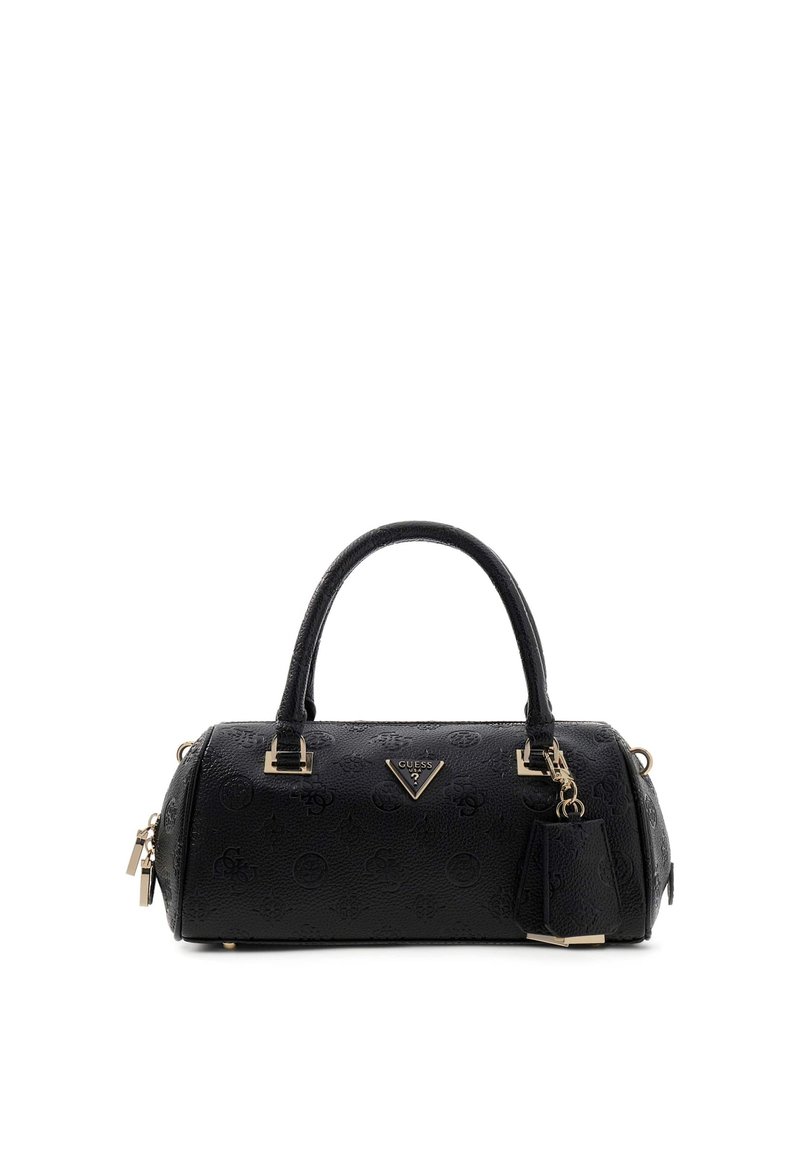 Borsa nera in materiale testurizzato, caratterizzata da ferrature color oro, manici superiori rotondi e un charm staccabile. Design con logo in rilievo.