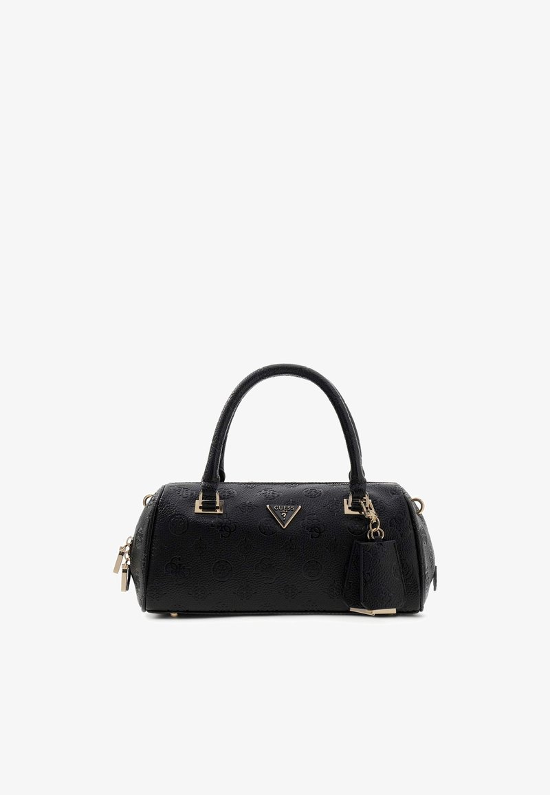 Czarna torebka wykonana z teksturowanego materiału, wyposażona w złote elementy, okrągłe uchwyty górne oraz odpinany brelok. Wytłaczane logo.