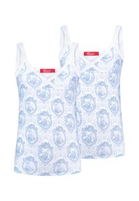 Two sleeveless tops with a blue floral pattern on a white background. V-neck design with narrow straps and a smooth texture. Red label visible.